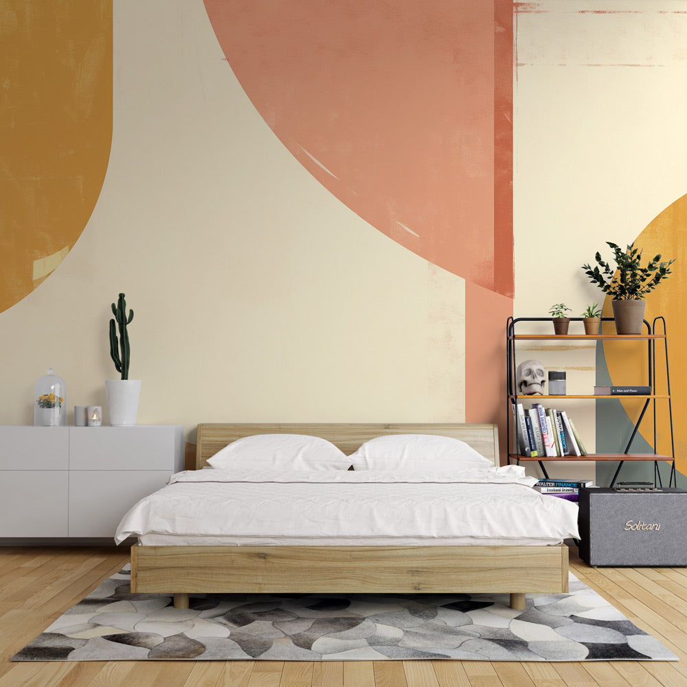 Modern geometric circle wallpaper in a bright Scandinavian living room, showing soft pastel shapes against cream walls