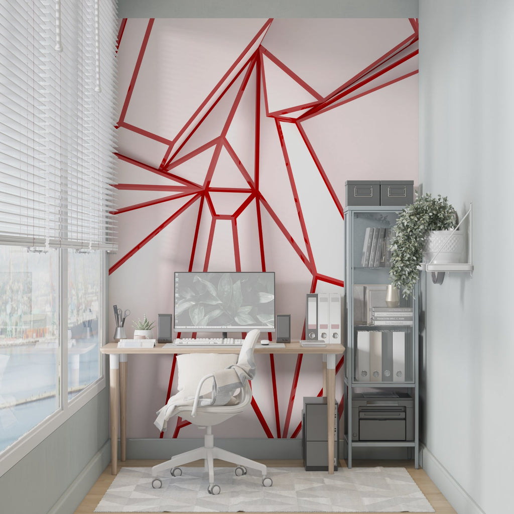 Modern geometric red line wallpaper in a minimalist living room with white sofa and natural light