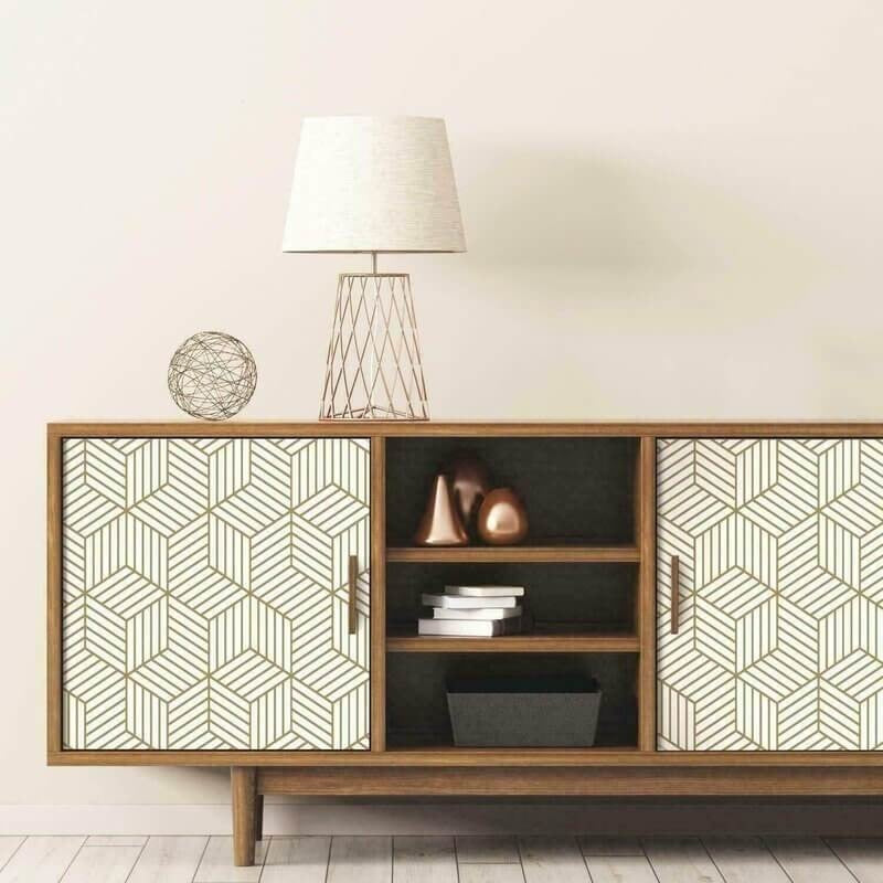 Clean lined geometric wallpaper in a contemporary dining room setting