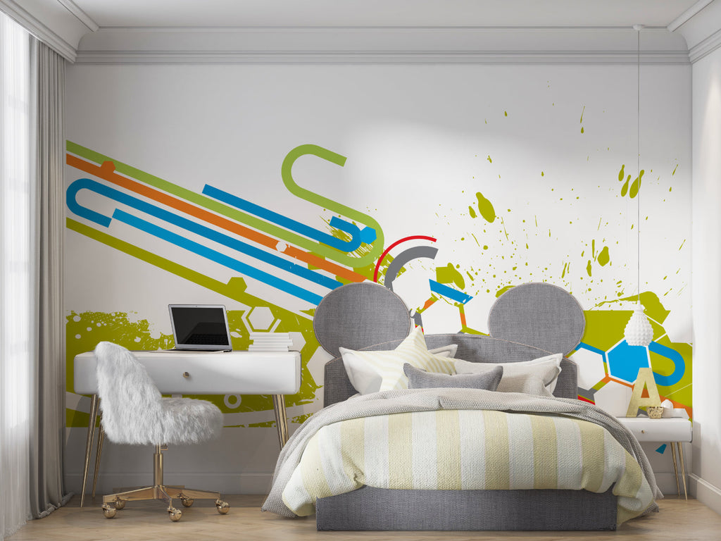 Geometric sports wallpaper creating energetic atmosphere in gaming room with modern furniture