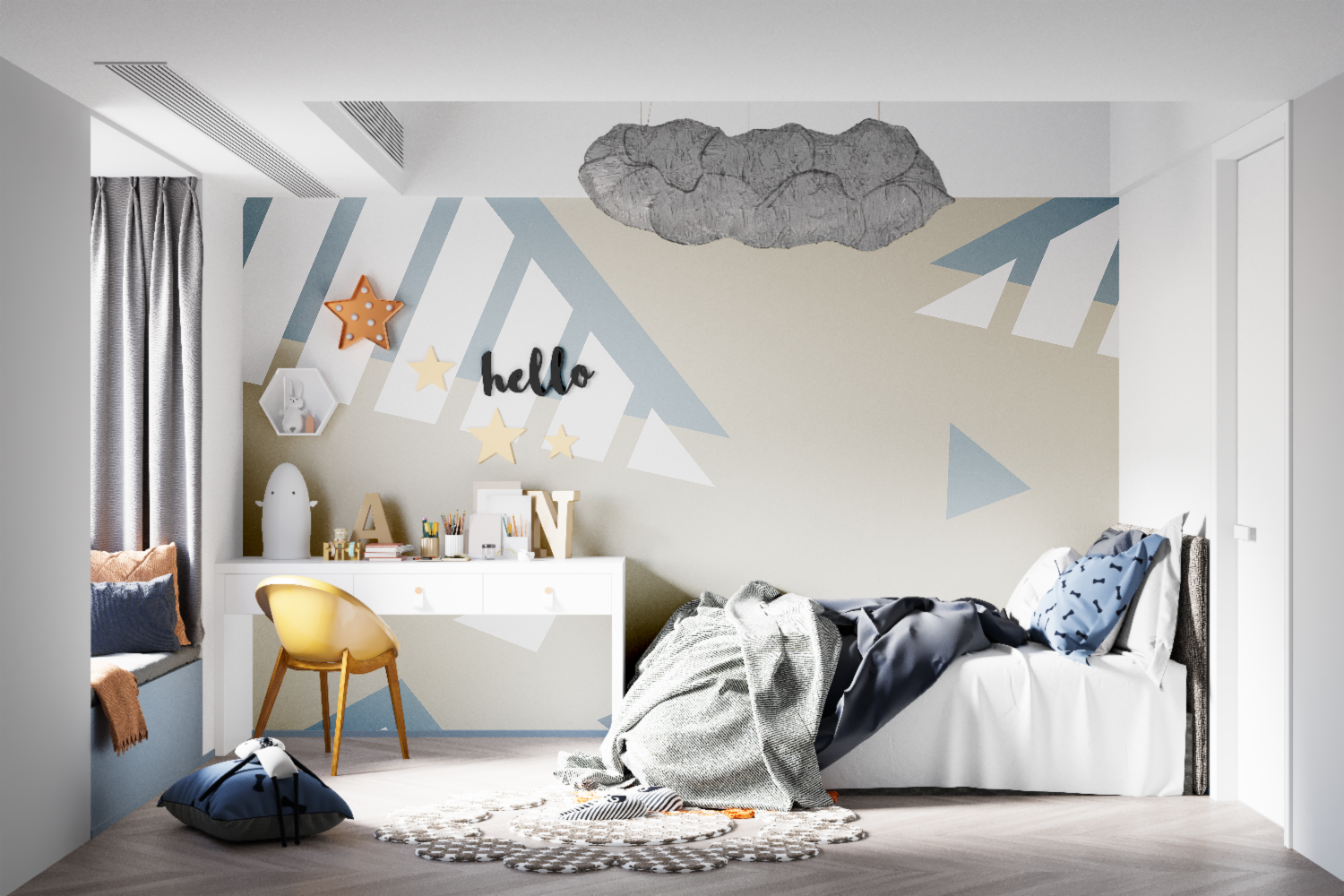 Modern grey geometric wallpaper in stylish bedroom setting with natural light