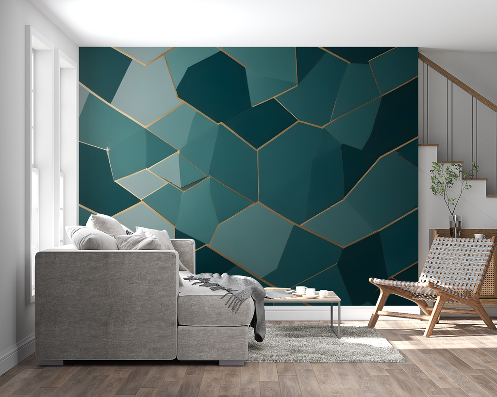 Modern geometric teal and gold wallpaper in a bright contemporary living room setting