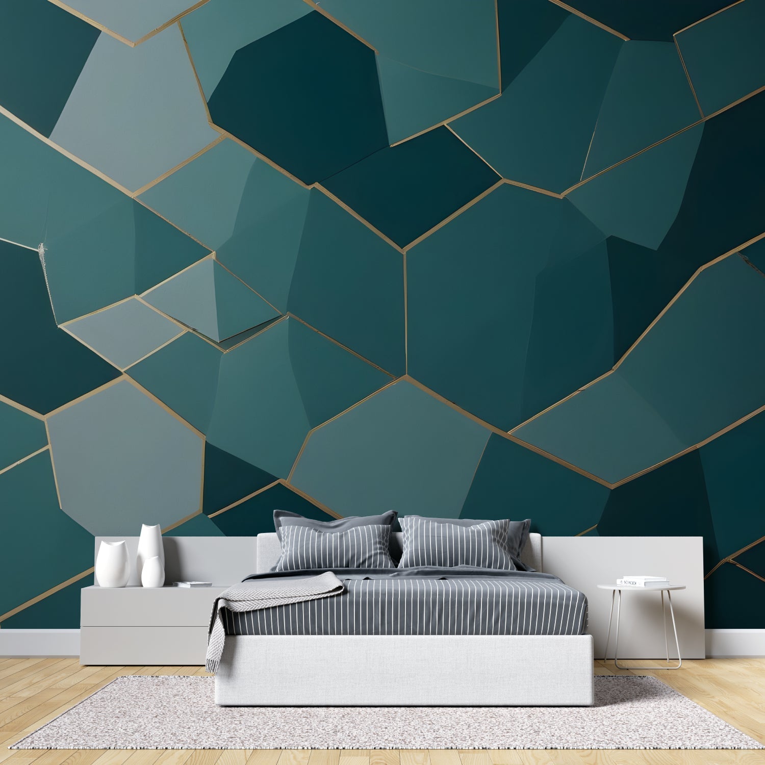 Geometric pattern feature wall in modern hallway with gold accents