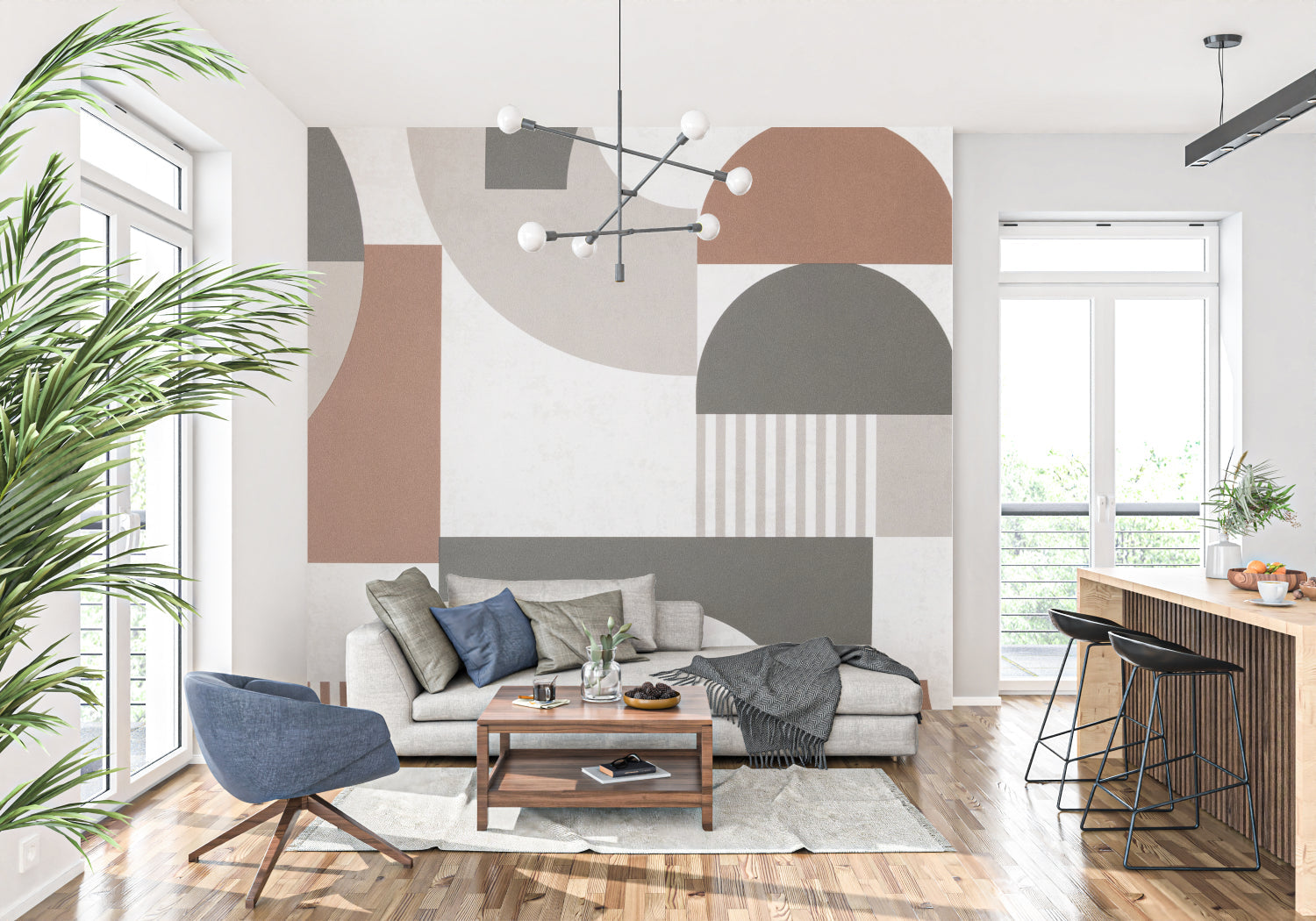Modern geometric wallpaper in bright living room with grey sofa and natural light