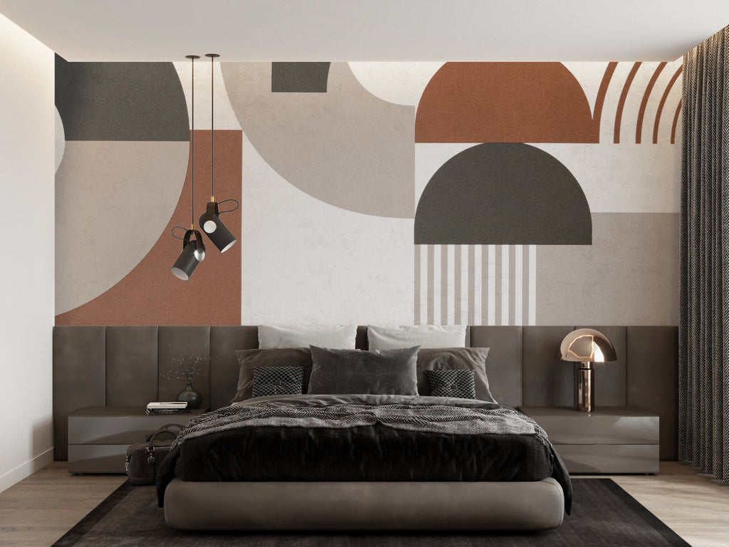 Geometric abstract wallpaper in home office with minimal desk setup