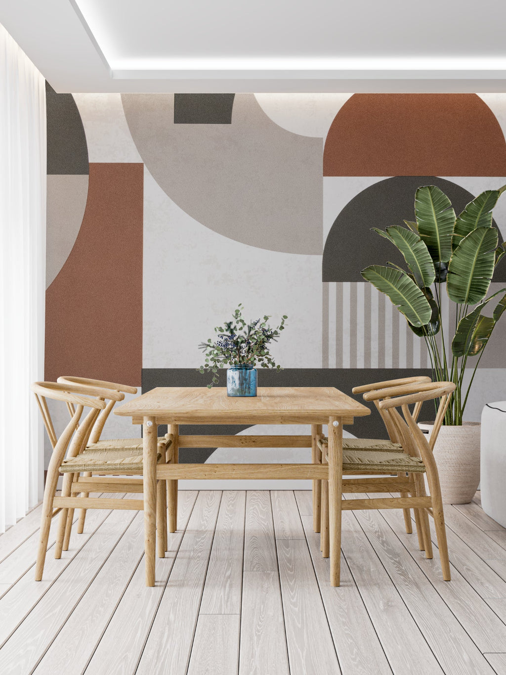Terracotta geometric wall mural in modern dining room setting