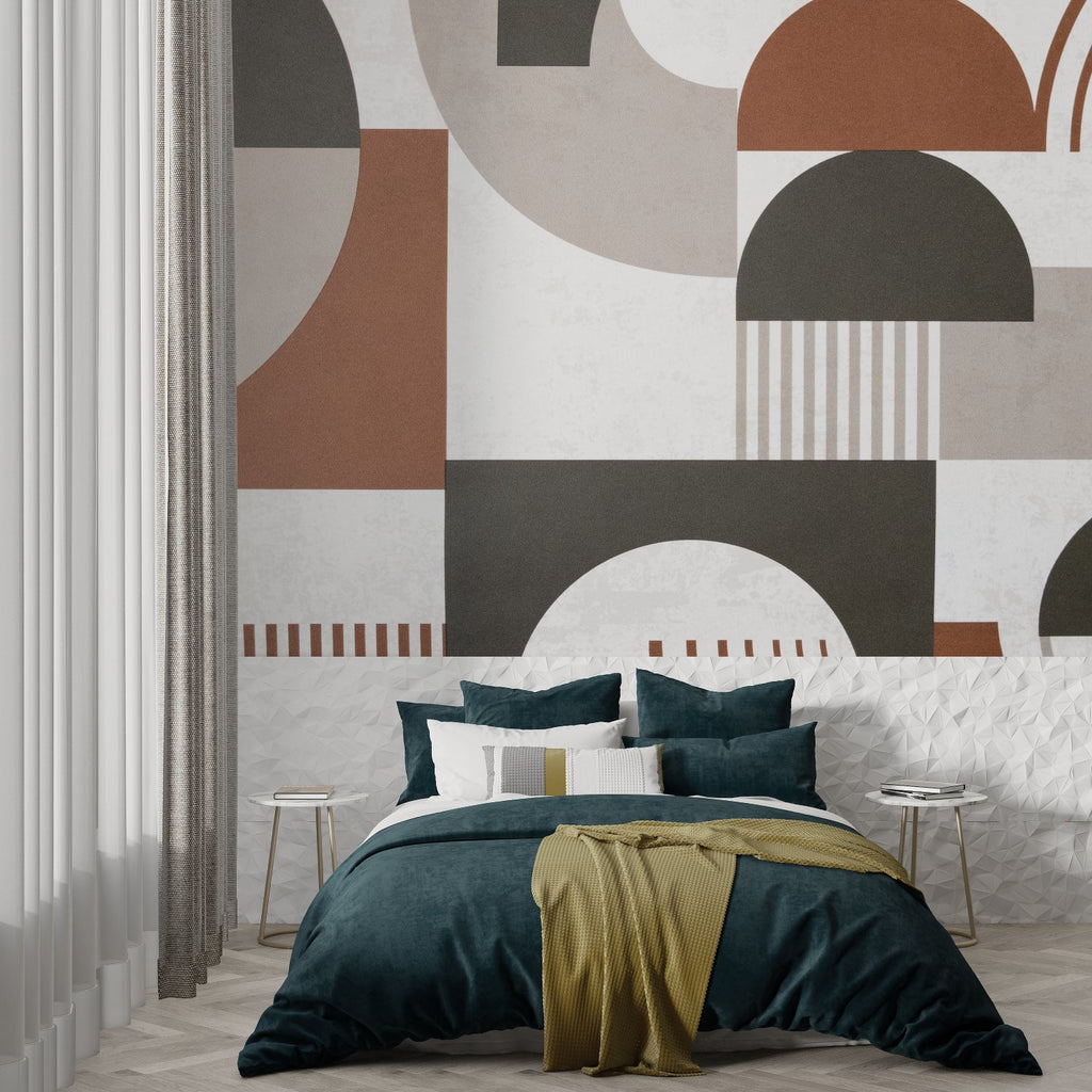 Contemporary geometric wall mural featuring warm terracotta shapes in a minimalist dining room