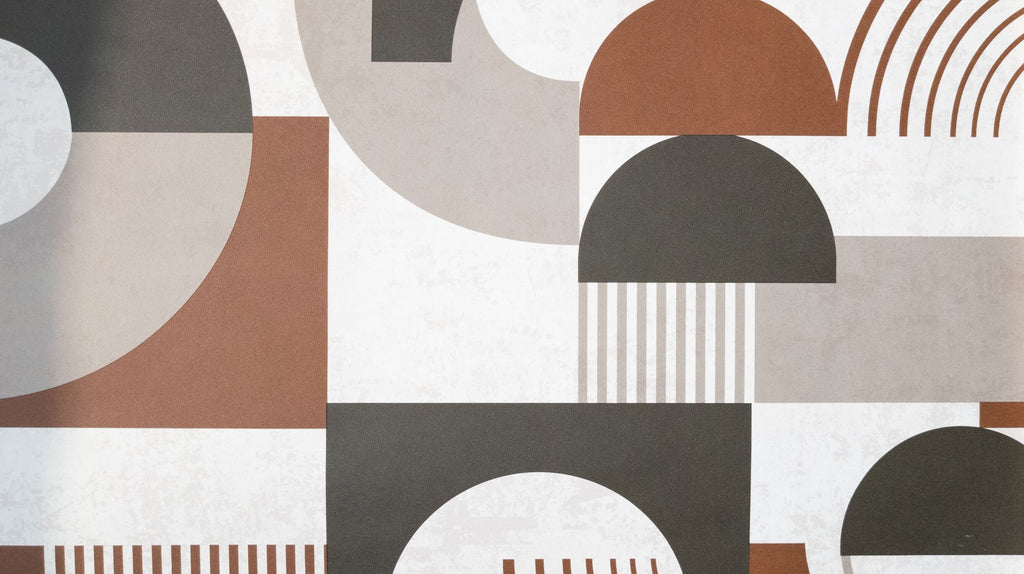 Design file showing full geometric pattern with terracotta and grey semi-circles and rectangles