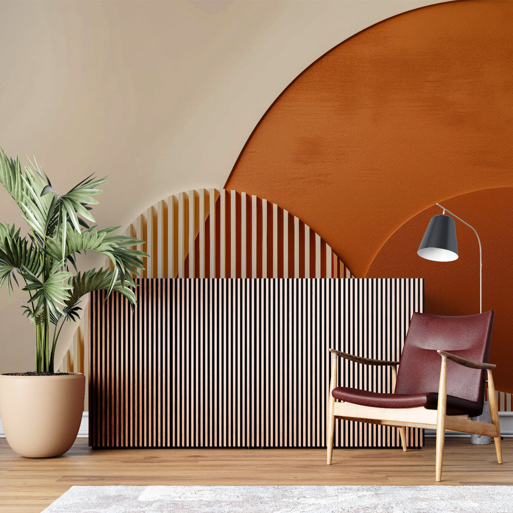 Modern Geometric Arch Wallpaper in bright living room with minimalist furniture
