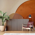 Modern Geometric Arch Wallpaper in bright living room with minimalist furniture