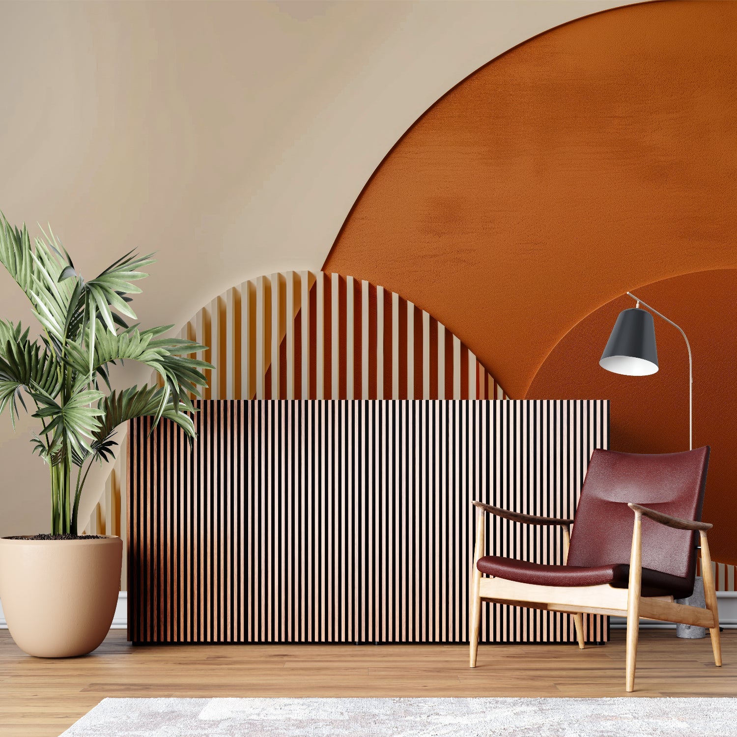 Modern Geometric Arch Wallpaper in bright living room with minimalist furniture
