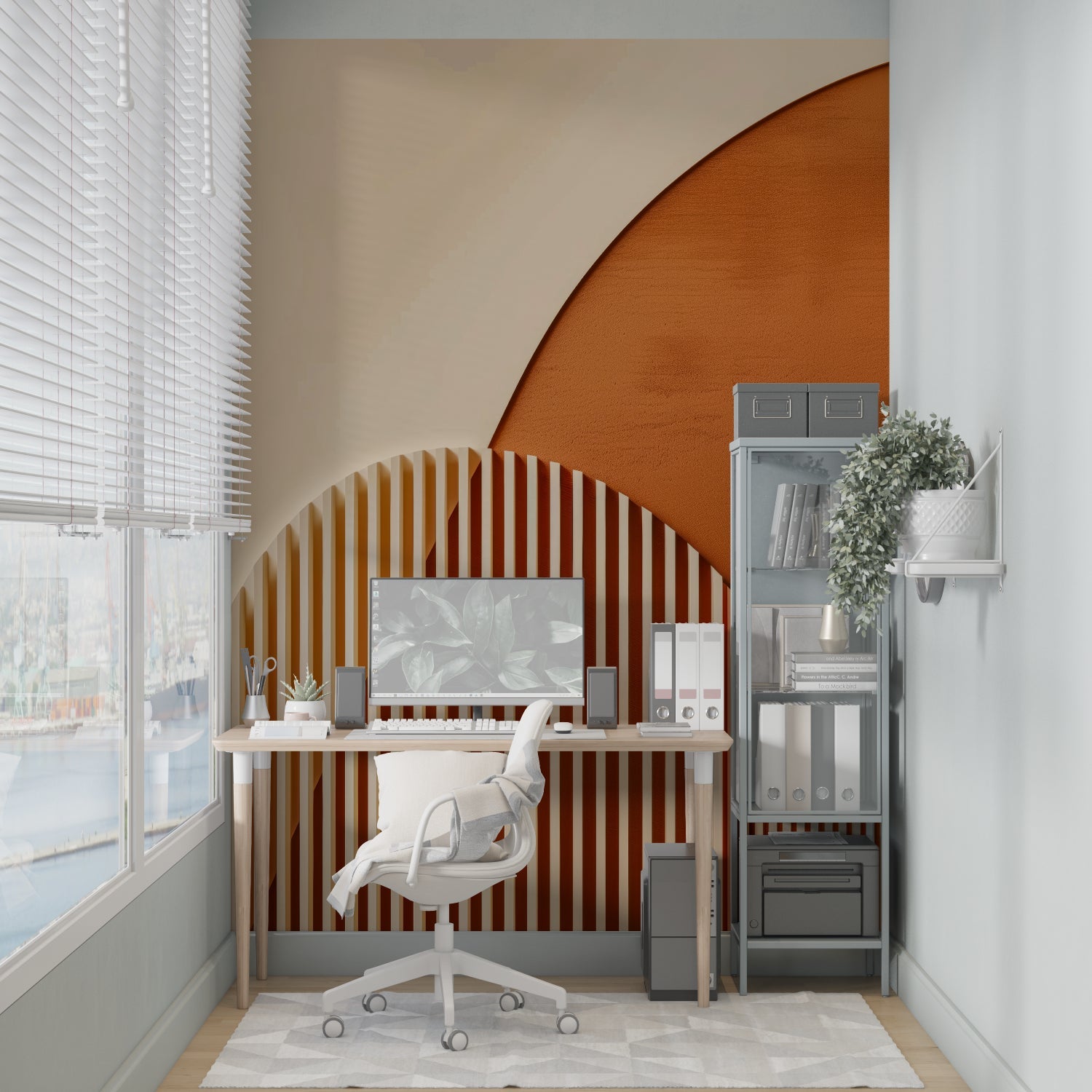 Terracotta Geometric Wallpaper creating depth in contemporary dining space