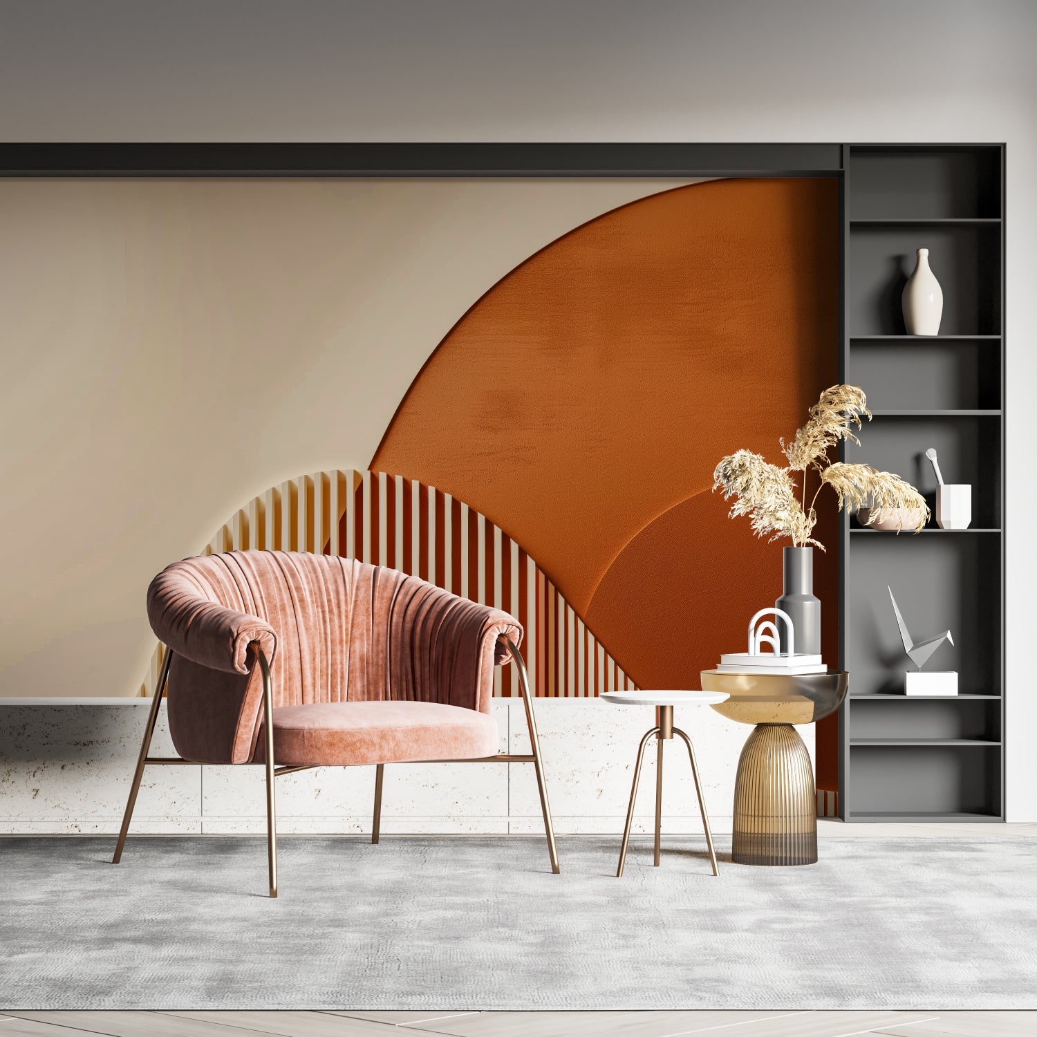 Geometric Arch Mural in warm-toned bedroom setting