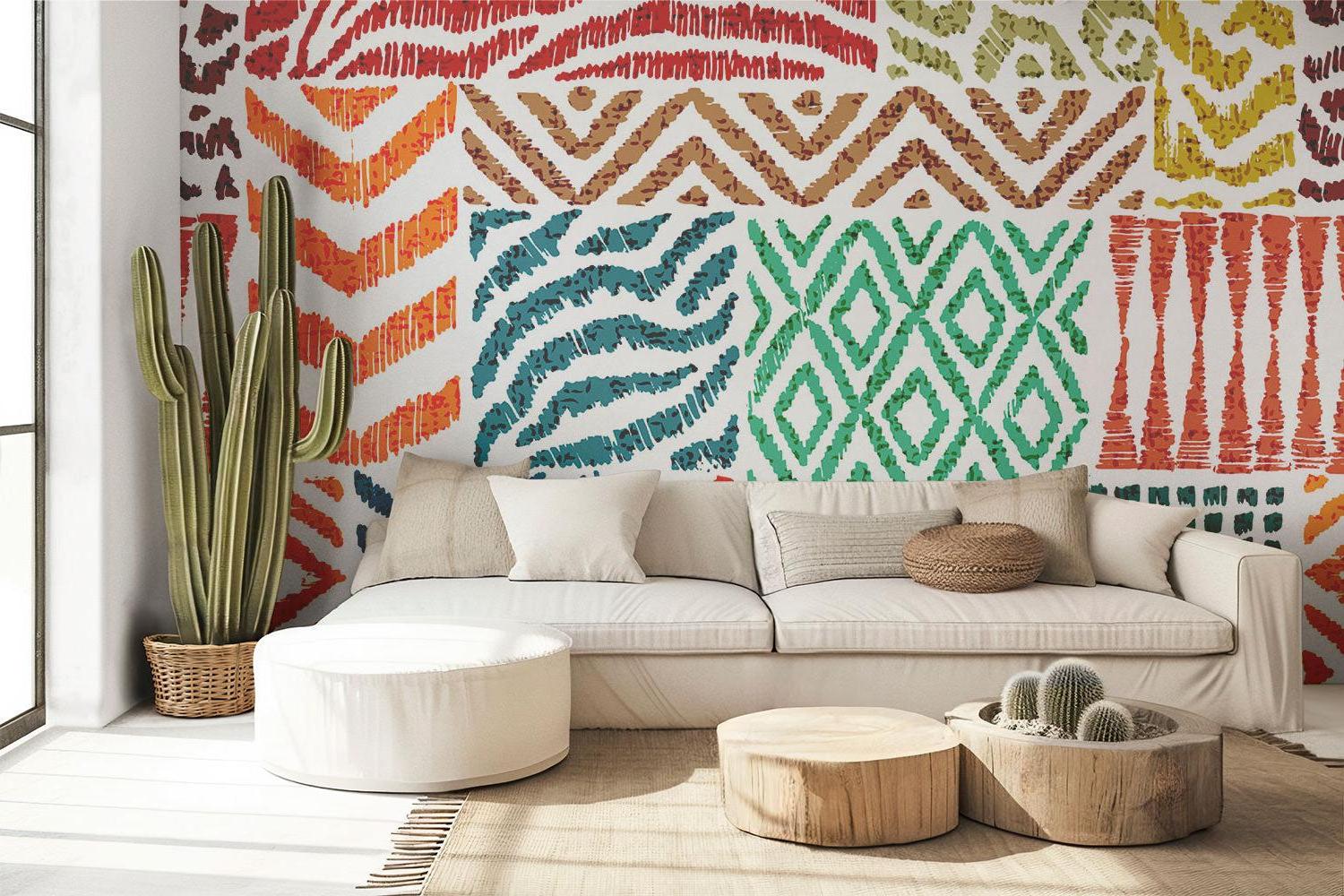 Modern geometric pattern mural in home office with minimalist desk setup