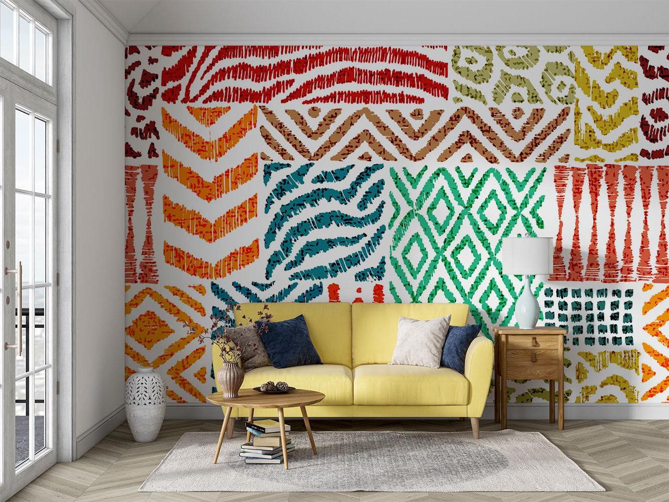 Geometric wall mural showcased in modern bedroom with neutral decor