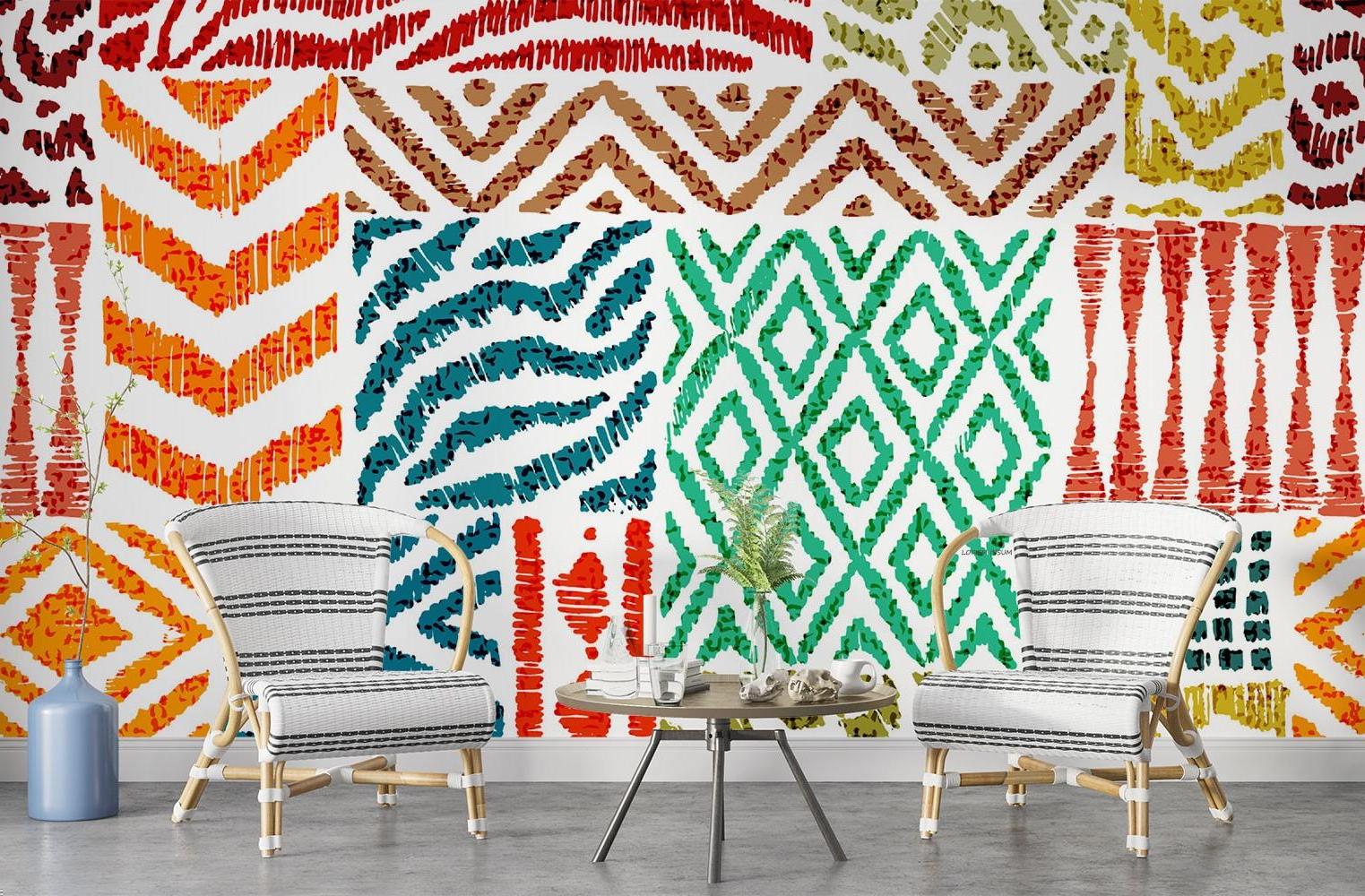 Vibrant tribal wallpaper in contemporary hallway setting