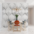 Modern geometric wallpaper in minimalist living room showing flowing grey patterns