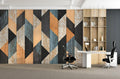 Modern Geometric Wall Mural with wood effect pattern shown in a bright contemporary living room setting