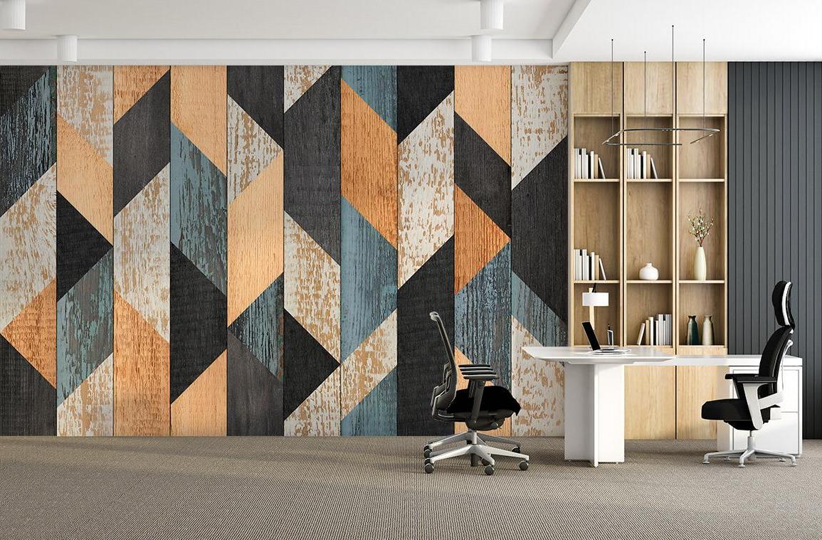 Modern Geometric Wall Mural with wood effect pattern shown in a bright contemporary living room setting