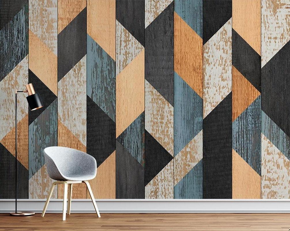 Geometric Pattern Wallpaper featuring blue and beige tones displayed in a minimalist office space