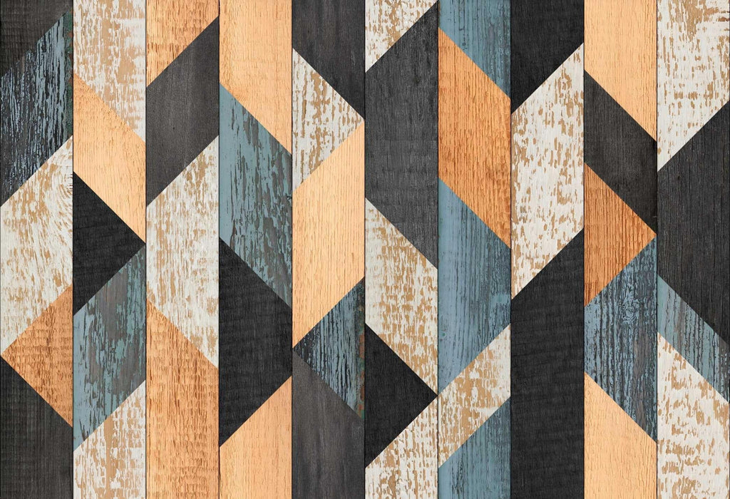 Geometric wood pattern design file showing detailed blue and beige angular shapes and textures