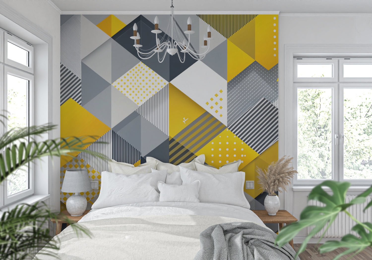 Modern geometric yellow and grey wallpaper in a bright living room setting with minimal furniture