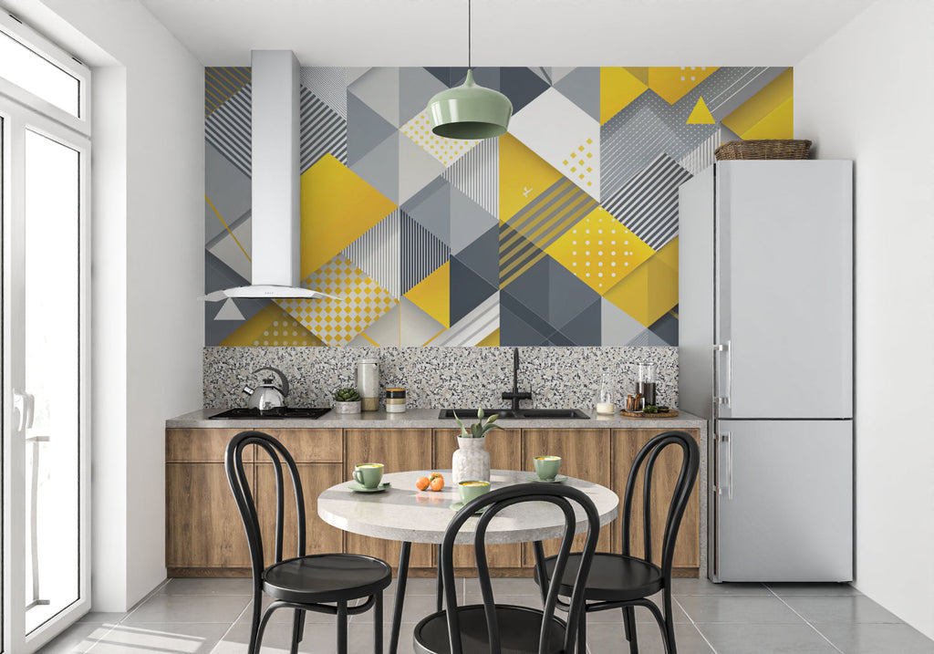 Yellow and grey geometric wallpaper creating a bold statement in a home office space