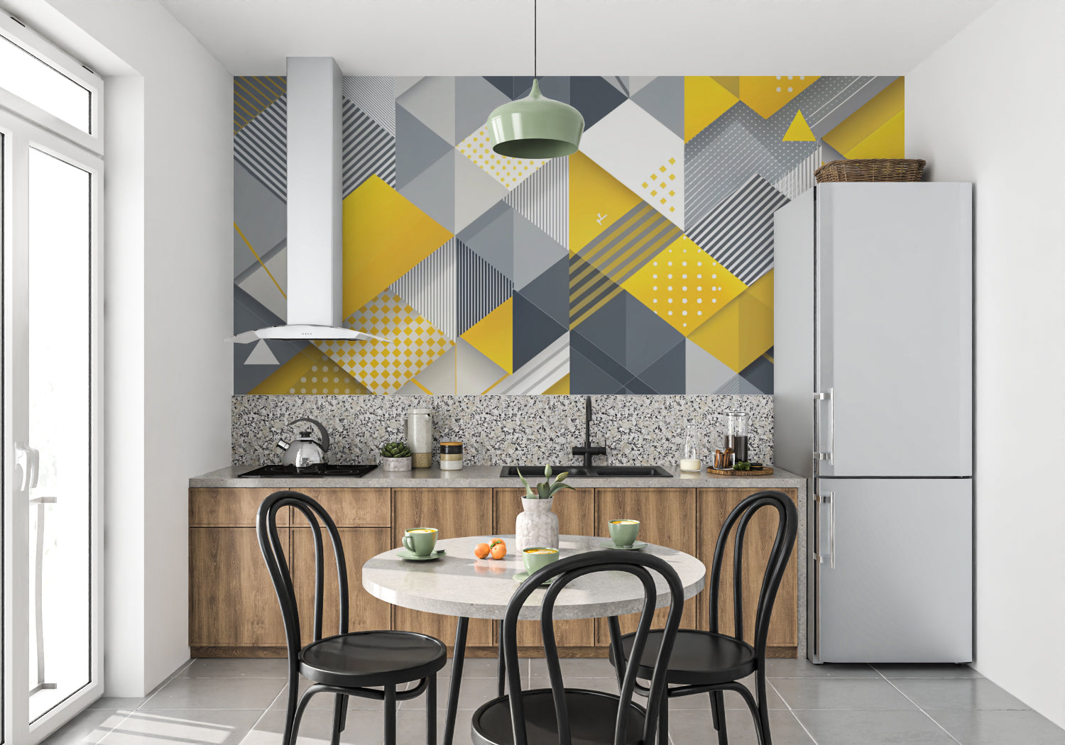 Yellow and grey geometric wallpaper creating a bold statement in a home office space