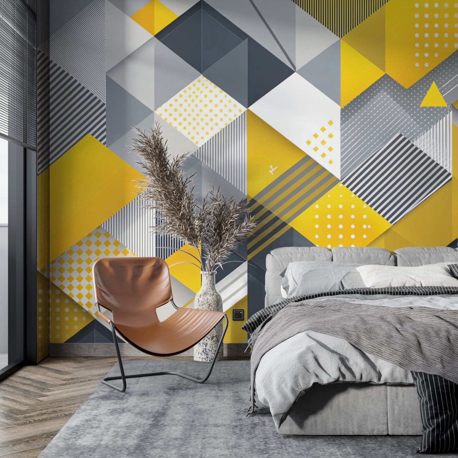 Contemporary geometric pattern wallpaper brightening up a modern dining area