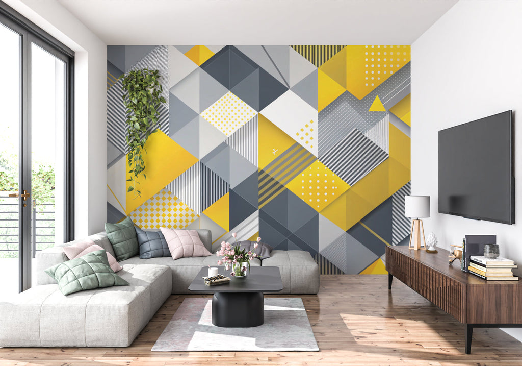 Geometric wall mural adding depth to a minimalist bedroom design