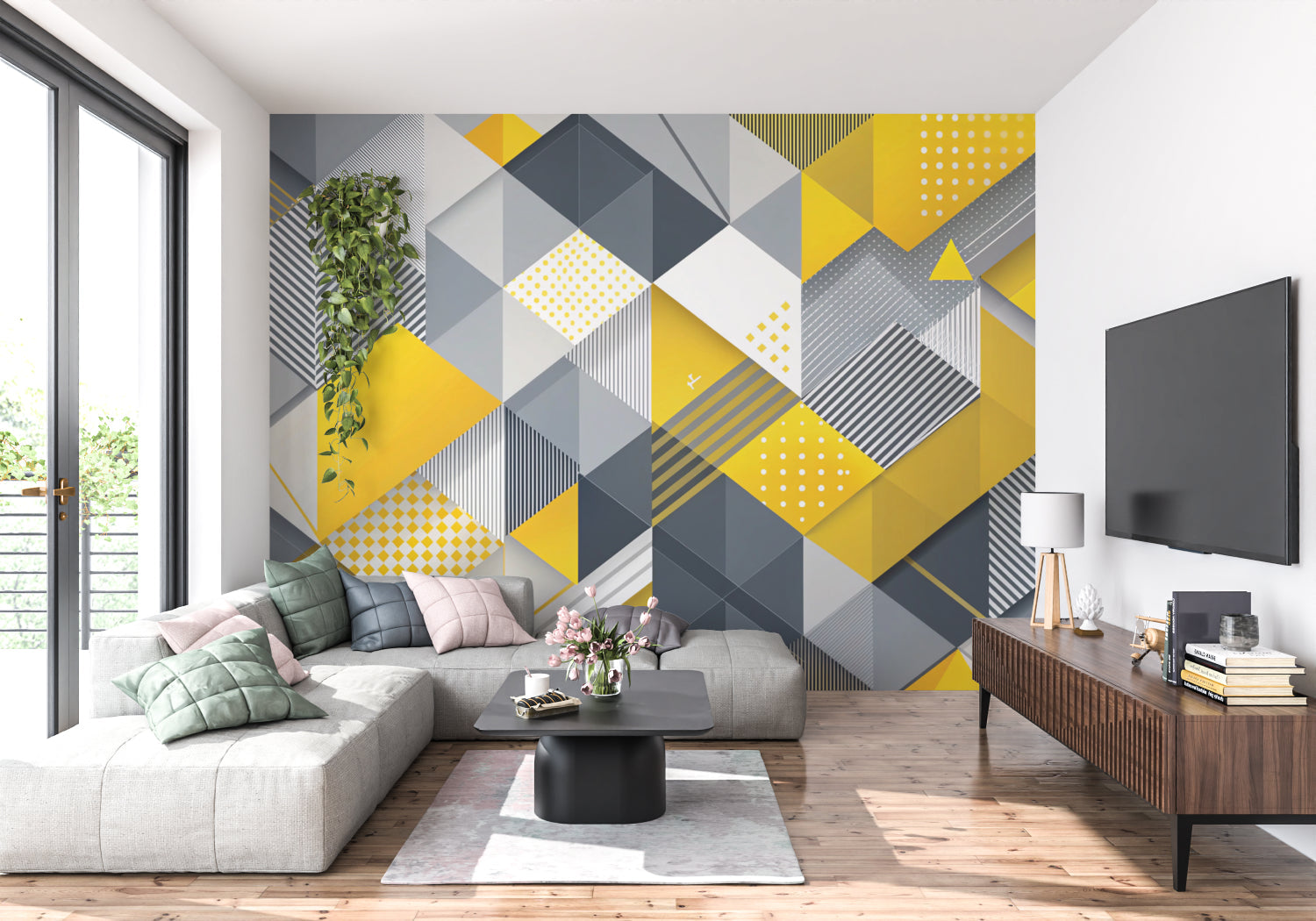 Geometric wall mural adding depth to a minimalist bedroom design