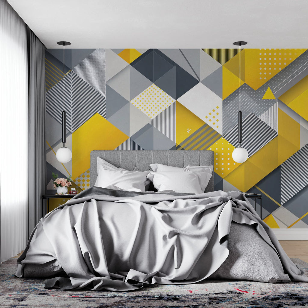 Yellow geometric wallpaper making a statement in an entrance hallway
