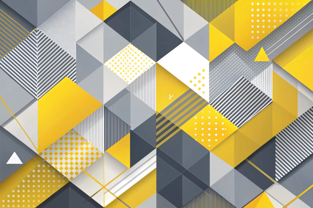 Design file showing detailed geometric pattern with yellow and grey shapes, dots and stripes