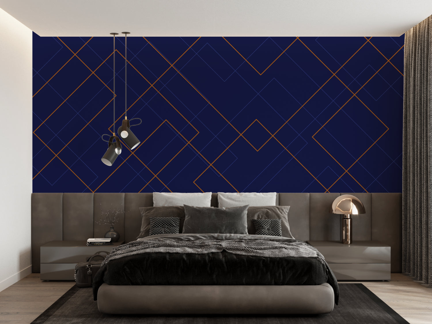 Geometric navy and gold wallpaper creating drama in master bedroom with pendant lights