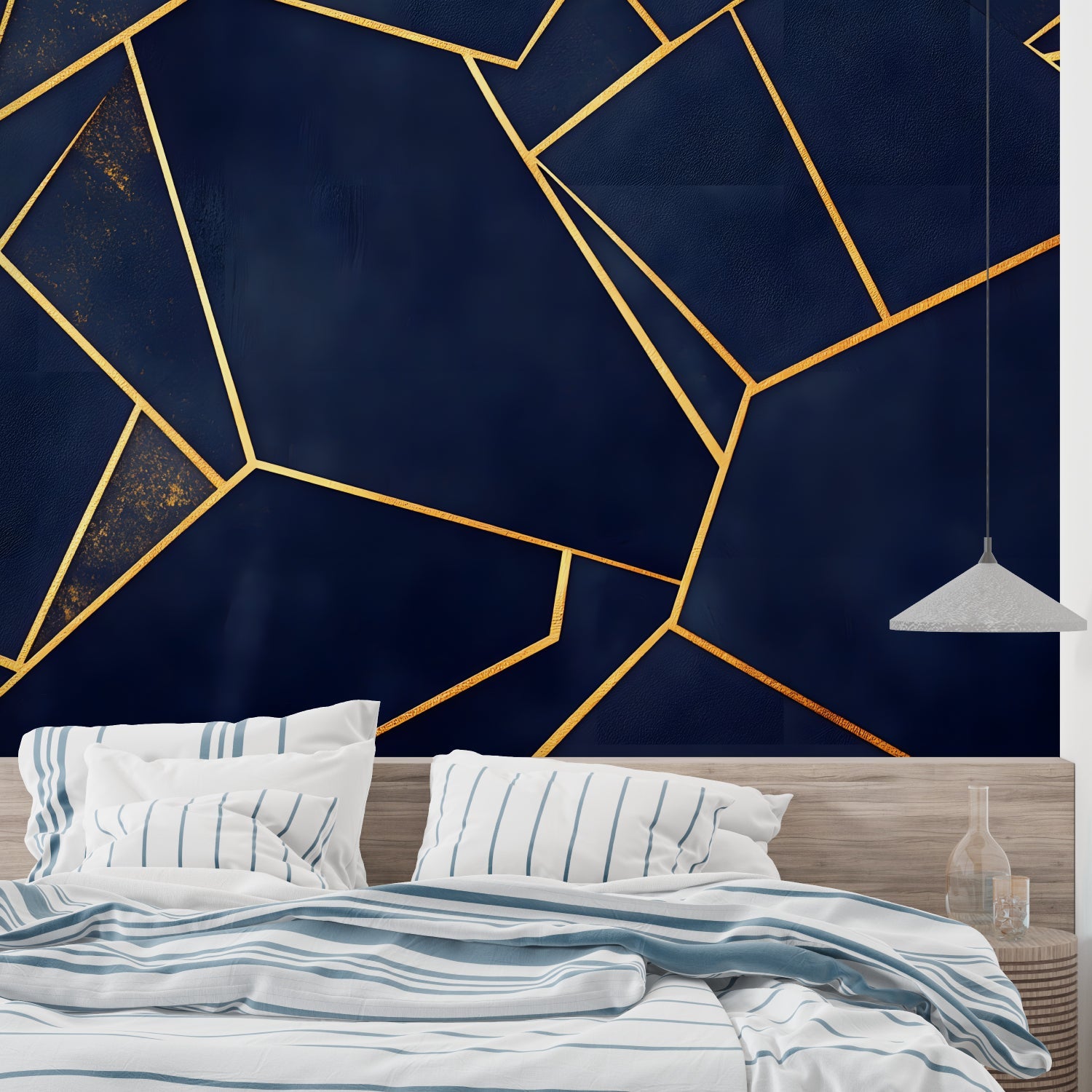 Navy and gold geometric pattern in hotel-style entryway