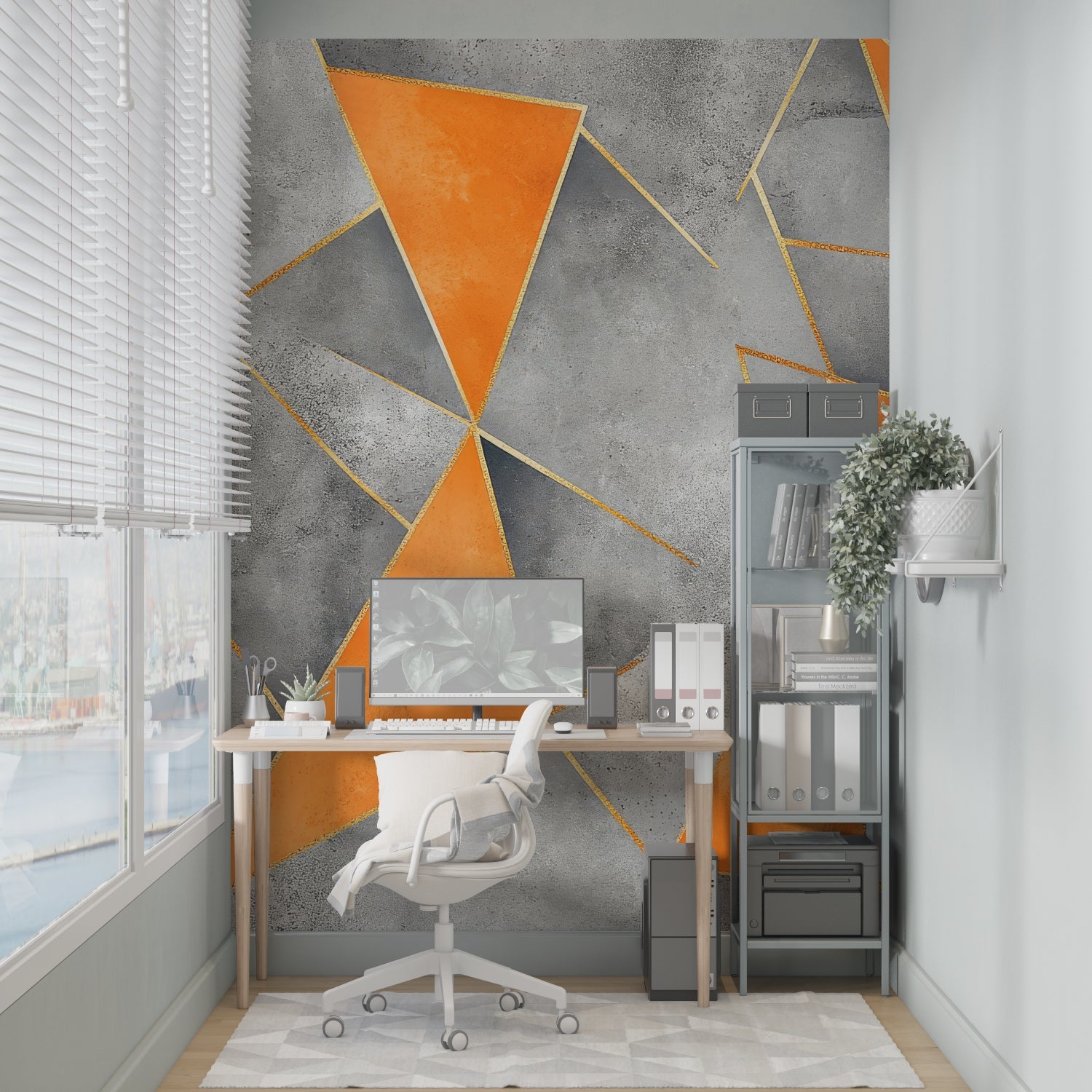 Abstract geometric pattern wallpaper showcased in a modern dining room