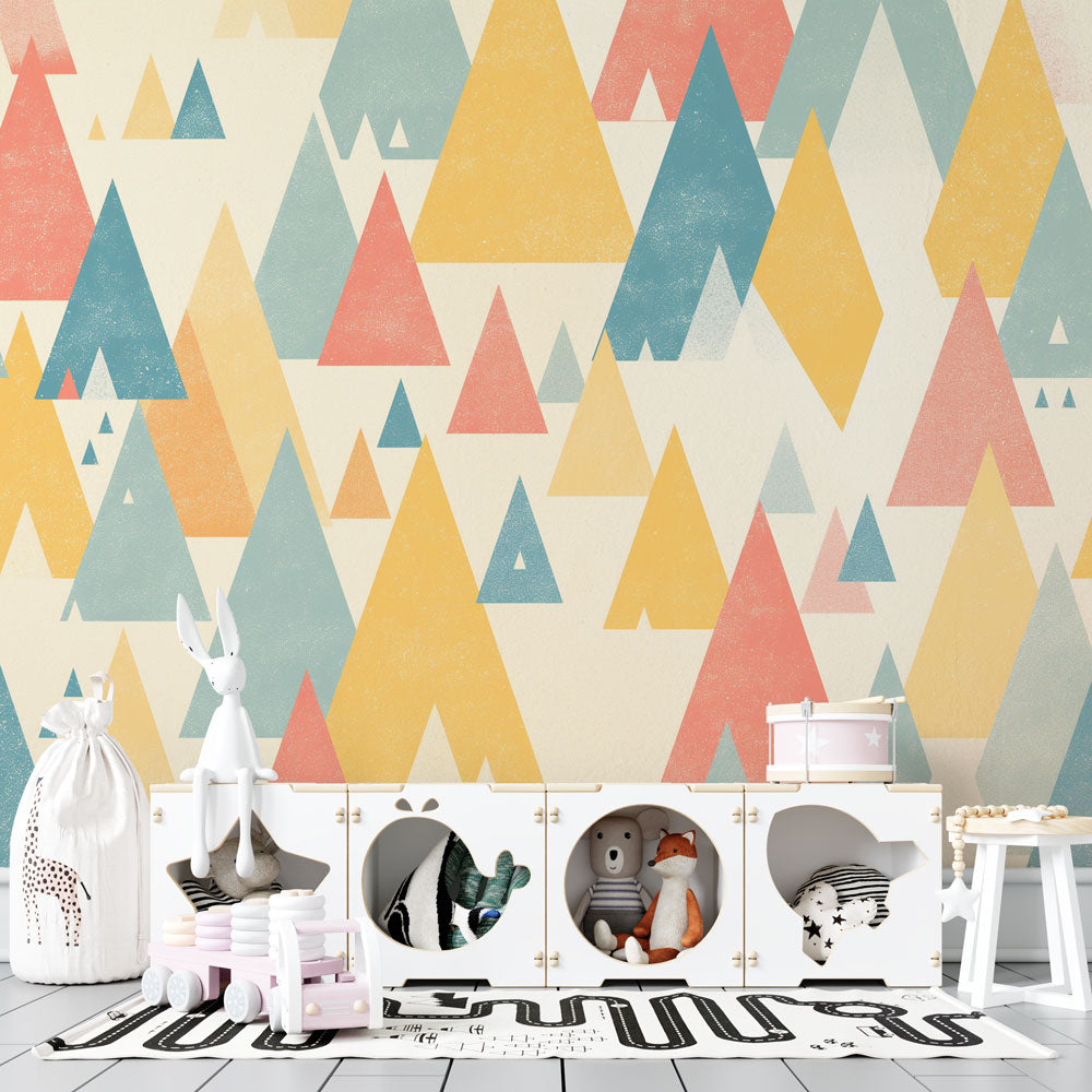 Geometric mountain wallpaper in soft pastels brightening a modern living room, showcasing triangular patterns and soothing colors