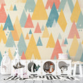 Geometric mountain wallpaper in soft pastels brightening a modern living room, showcasing triangular patterns and soothing colors