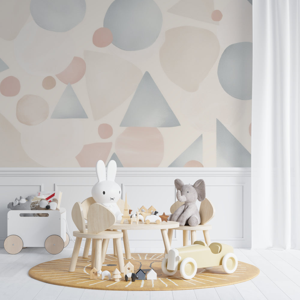 Scandinavian geometric wallpaper bringing calm to a minimalist living room space