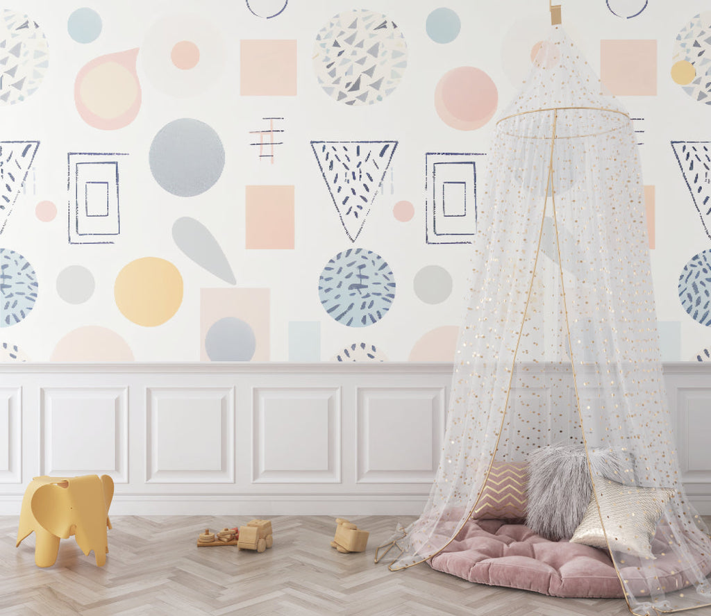 Abstract shapes wallpaper bringing gentle colors to a teen study space