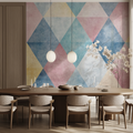 Geometric triangle wallpaper in modern living room with grey sofa and natural light