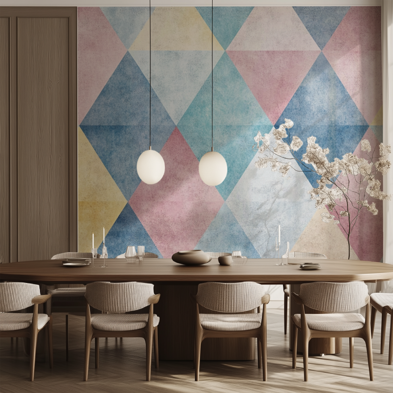 Geometric triangle wallpaper in modern living room with grey sofa and natural light