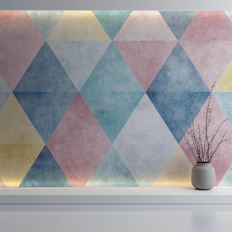 Modern geometric wallpaper in bright bedroom with contemporary furniture