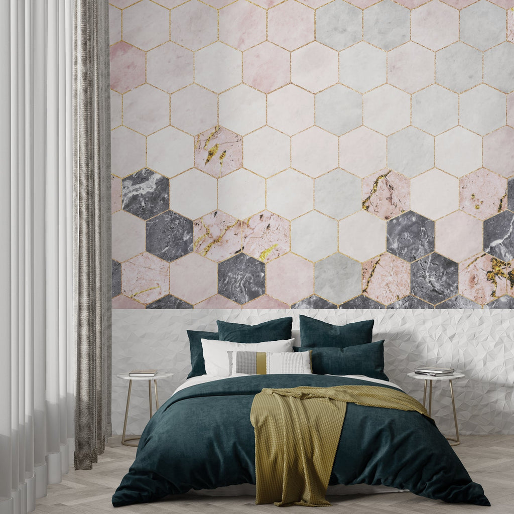 Hexagon marble wallpaper with pink and gold accents in hallway