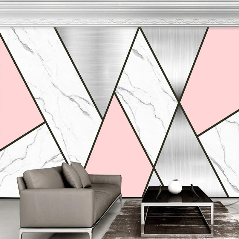 Angular geometric wallpaper with marble accents displayed in a modern home office space