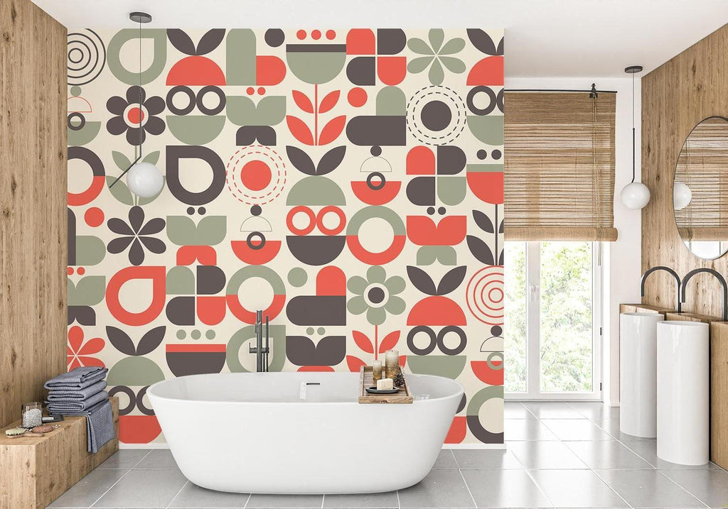 Geometric floral wallpaper in red and sage adding retro charm to a modern living room setup