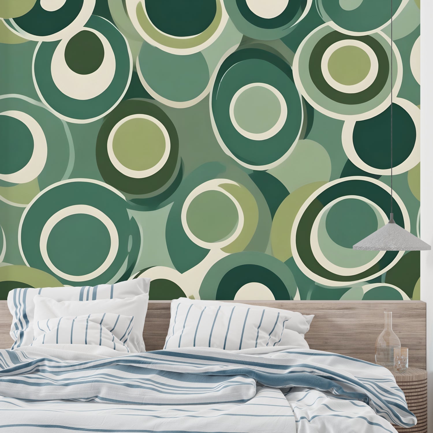 Green geometric circle wallpaper creating a stunning accent wall in a modern living room with mid-century furniture