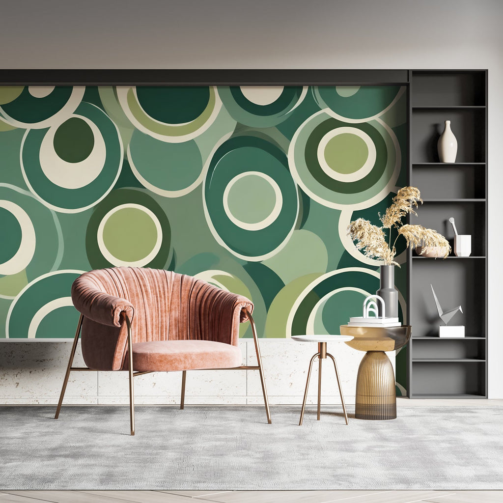 Retro green circle pattern wallpaper in a bright home office space with minimalist desk setup