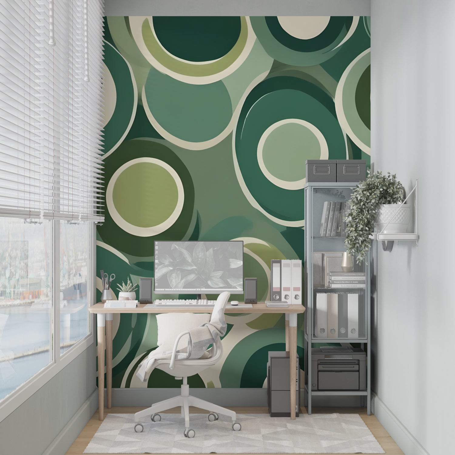 Geometric green wallpaper adding depth to a cozy reading nook with natural lighting