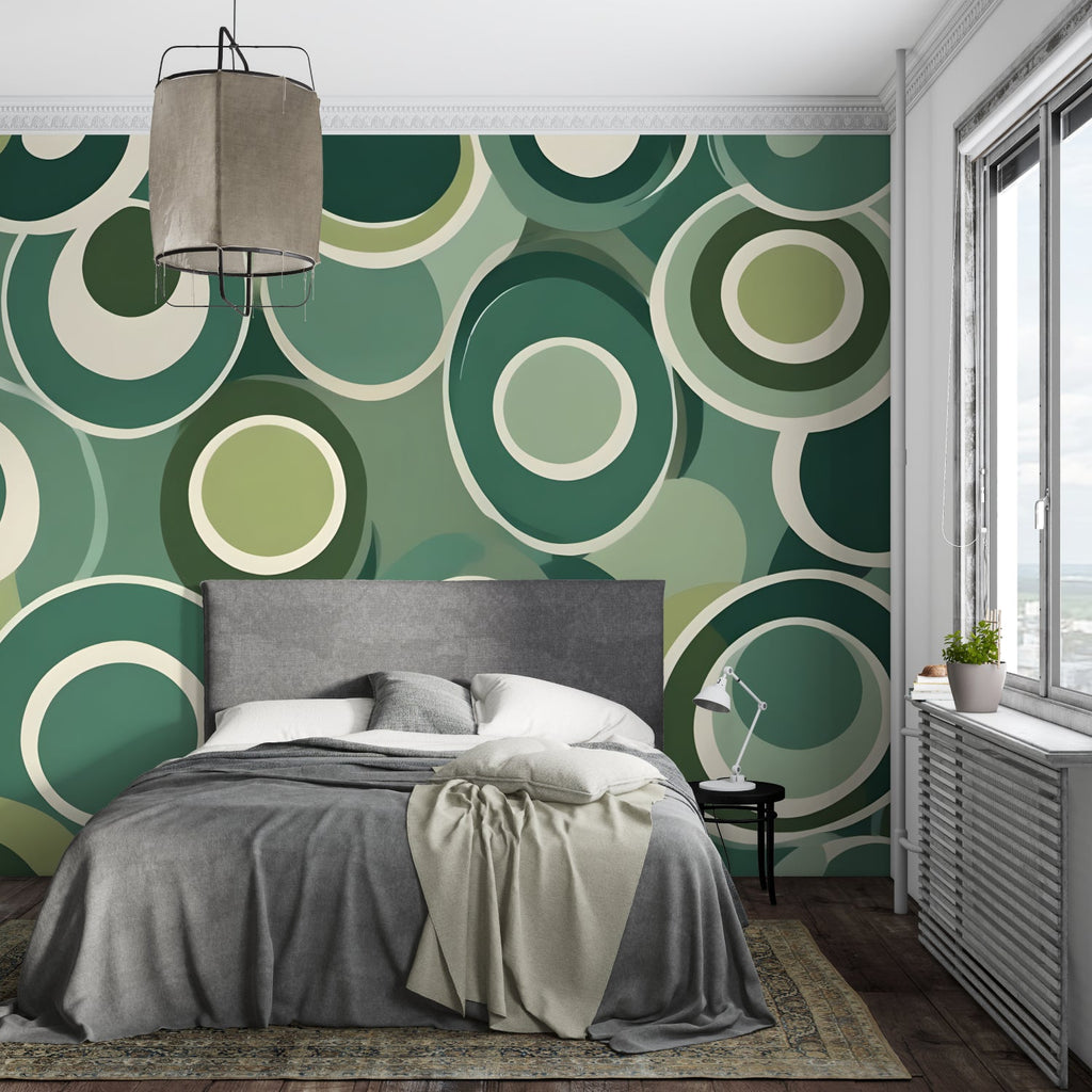 Modern geometric wallpaper in sage and forest green tones brightening up a dining area
